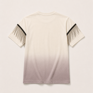 T-shirt dégradé à col rond pour femme avec manches à pompons, haut tricoté décontracté à manches courtes - Product Image 4