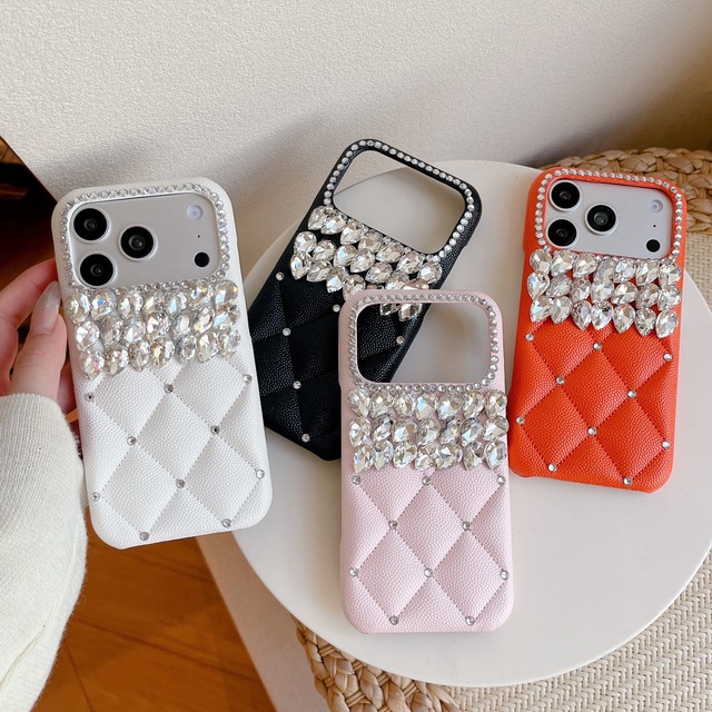 Fashion 3D Grid Glitter Diamond PU Leather Hard PC Phone Case for iPhone Air 16 15 14 13 17 Pro Max Bling Rhinestone Girly Cover