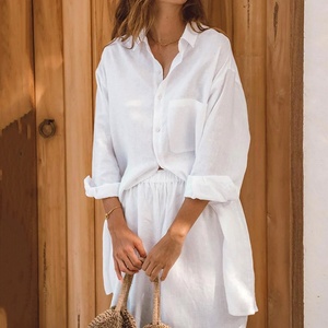 Fabricant OEM, t-shirt à manches longues boutonné, blanc, pour l'été, plage, t-shirt en lin ample et respirant, personnalisable - Product Image 4