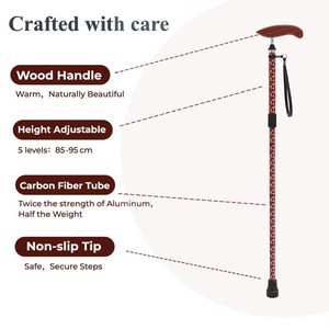 Folding Carbon Fiber Cane Printed Red Floral Pattern 4 Sections Anti Slip Rubber Tip <b>Walking</b> Stick For Outdoor Use - Product Image 2
