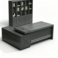 Bureau de direction en forme de L de luxe avec bibliothèque et armoire de rangement, bureau en bois pour la salle du directeur