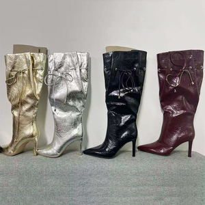 Botas Plateadas Anchas y Holgadas para Mujer, Botas Altas hasta la Rodilla con Punta Puntiaguda, Zapatos de Tacón Alto con Cordones Laterales - Product Image 4