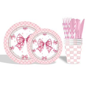 Il moderno vassoio di <span class=keywords><strong>carta</strong></span> usa e getta con fiocco rosa per feste di compleanno include tovaglioli di posate rotonde e tazze di Kit di decorazione per feste - Product Image 4