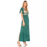 Bohème multicolore broderie florale pure ajustée style européen à manches courtes vert Sexy col en v grande taille robe