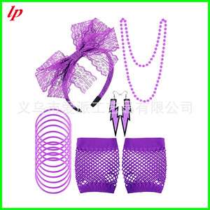 Lp 80s Party Costume Accessories Set With Lace Headband Necklace Earrings <b>Fishnet</b> Gloves And Colorful Bracelets For Kids - Product Image 3