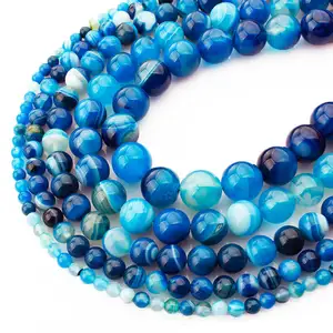 廉价优质天然条纹玛瑙珠光滑蓝色条纹线玛瑙玛瑙珠用于DIY手镯项链制作