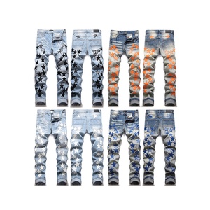 High Street Punk Style Streetwear Y2K Ropa 2024 Hombres Slim Shot <span class=keywords><strong>Jeans</strong></span> Star Leather Patch Fashion Slim Mans <span class=keywords><strong>Jeans</strong></span> - Product Image 1