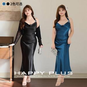 ชุดเดรสค็อกเทลผ้าซาตินสีน้ำเงินแซฟไฟร์หรูหรา คอแบบผูก สายเดี่ยว ตัดเย็บแบบไบแอสคัท เอวทรงธรรมชาติ ไซส์พลัส สำหรับผู้หญิง สวมใส่ในโอกาสทางการ - Product Image 3