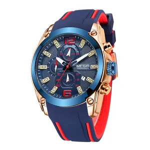 Factory MEGIR 2063 Luxury Rose Gold Men's Watches Waterproof Silicone Watches Quartz Wristwatches Sports Watch Custom LOGO