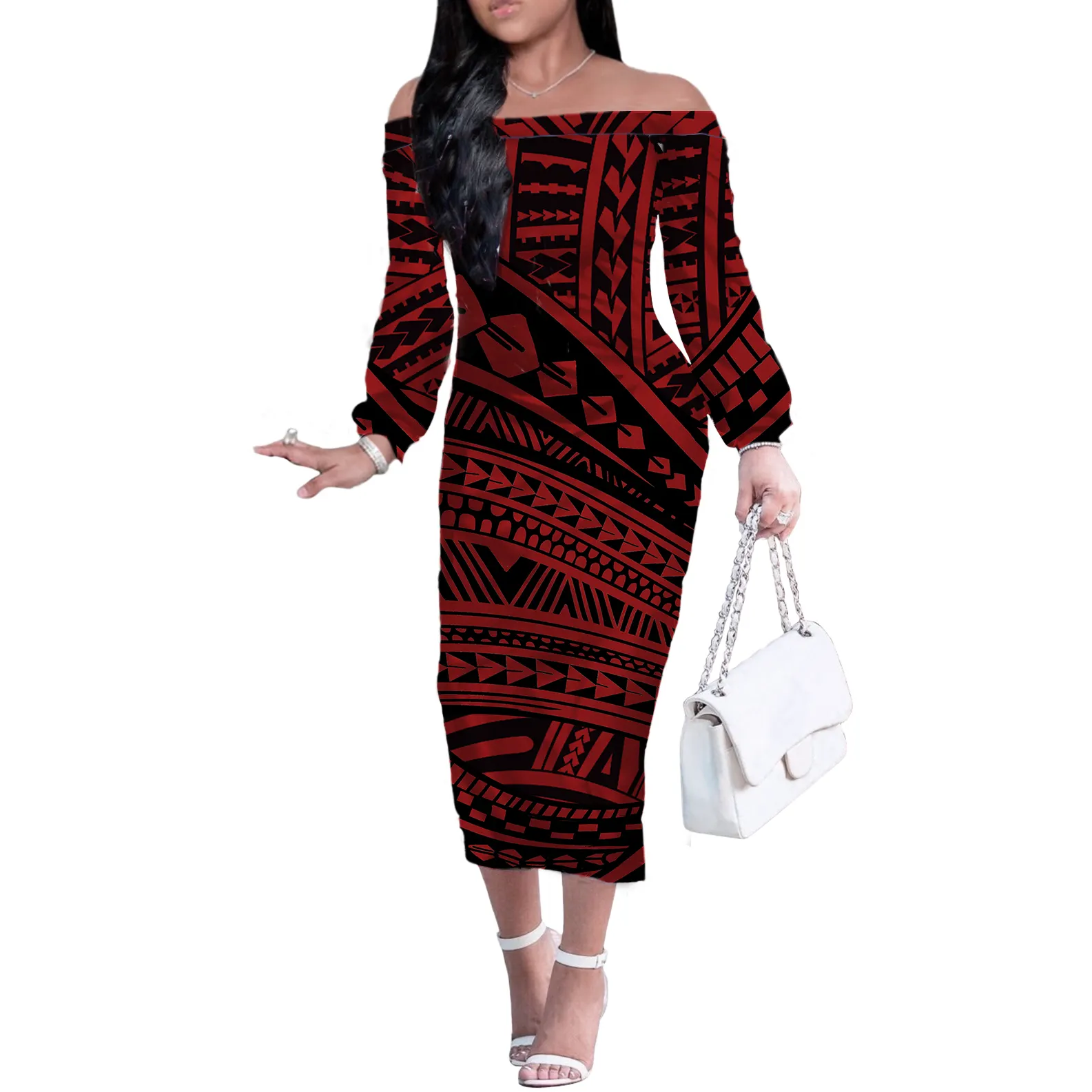 Most Design Polynesia Printed Dressing Modern Style Polyester Fabrics Soft Clothing 2021 Women Sexy Fitted Dress