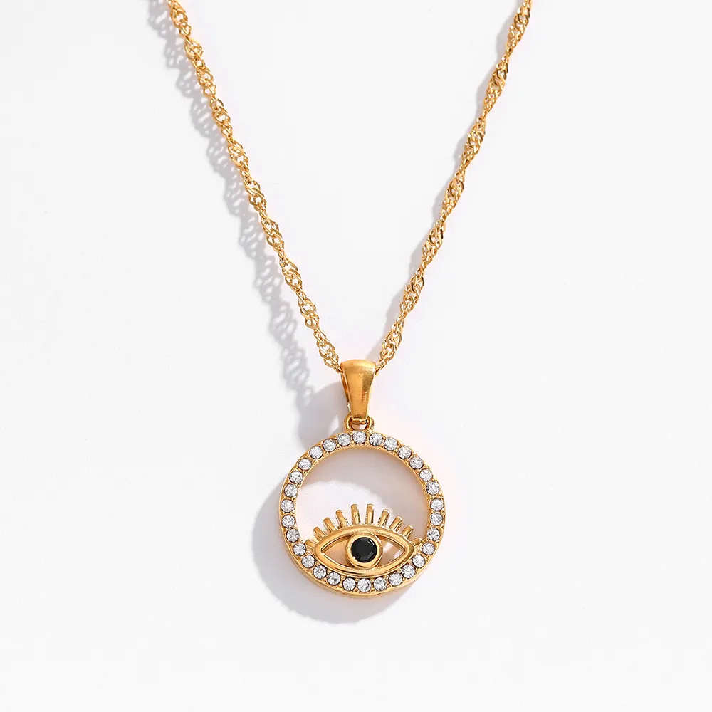 Joolim High End 18K PVD Gold Plated Stainless Steel Round Luxury CZ Pave Eye Pendant Stainless Steel Necklace Fashion Jewelry