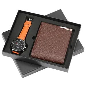 Dompet Jam Tangan Kulit Pu Kombinasi Sempurna, Set Hadiah Hari Ayah, Jam Tangan Kemasan Cantik + Set Hadiah Dompet