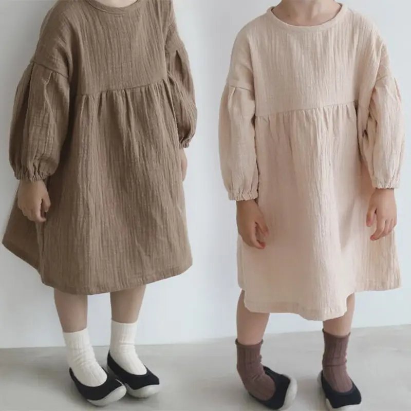 wholesale kids clothing casual linen cotton toddler dresses long sleeve solid color girl's clothing dress