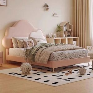 Girls Modern Cloud <b>Bed</b> Full Size Solid Wood Cotton Upholstered Comfortable Soft Frame Cute Cartoon Bedroom - Product Image 1