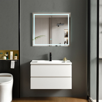 Meja rias kamar mandi modern ramah lingkungan warna putih matte dengan wastafel keramik terintegrasi dan cermin pintar LED backlit untuk apartemen/kamar tidur