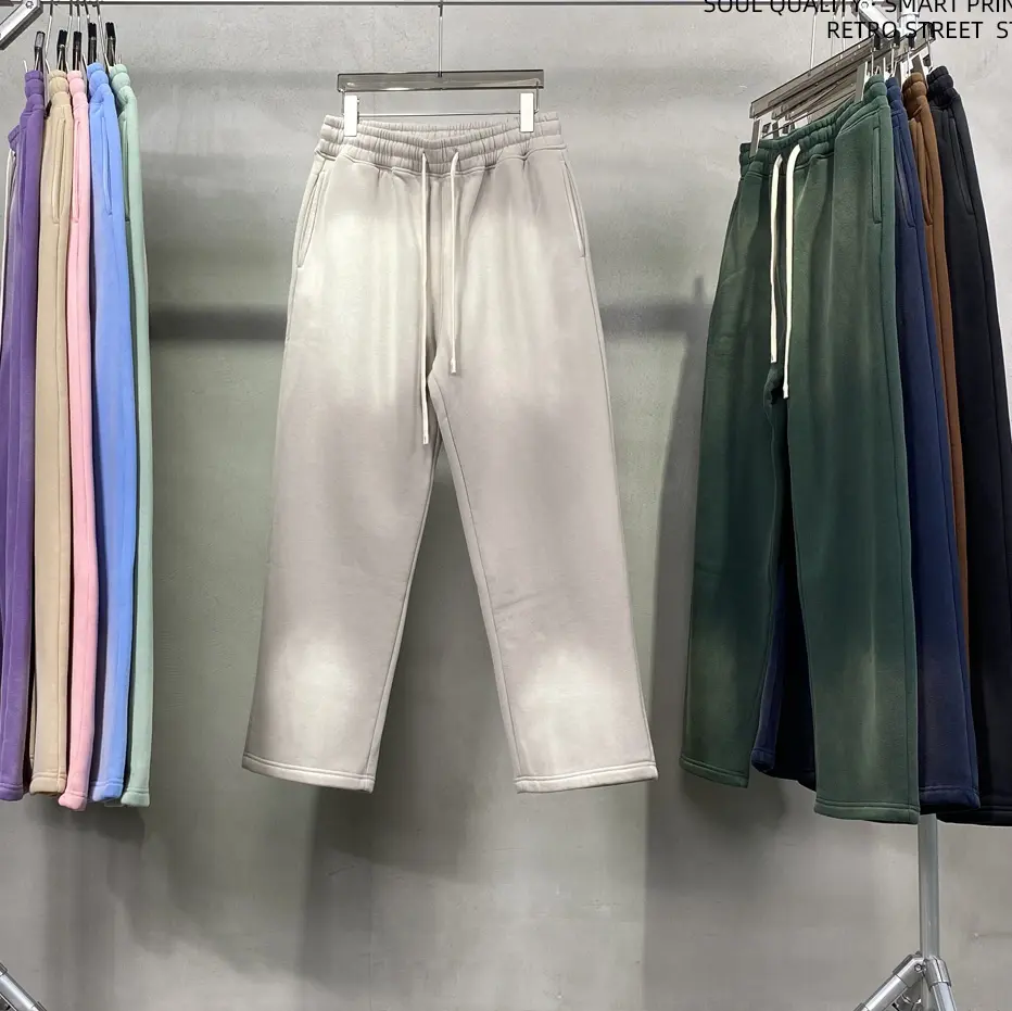 Nuevo producto de otoño e invierno, pantalones de hombre desgastados teñidos con aerosol de 360g con lavado blanco y pantalones casuales desgastados