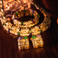 Ensemble de bijoux de luxe, collier ras du cou, boucles d'oreilles et bracelet, design vintage lourd, pierre naturelle, strass, serti complet