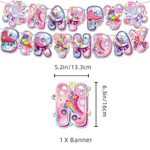 Set Decorazioni per Festa di Compleanno 'Cool Girl' Rosa con Pattini in Linea, Include Striscione '<span class=keywords><strong>HAPPY</strong></span> BIRTHDAY' e Topper per Torte e Cupcake - Product Image 6