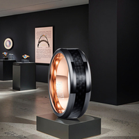 Bague en tungstène avec incrustation de fibre de carbone noire classique et élégante, plaquée or rose à l'intérieur, pour mariage, anniversaire, fête