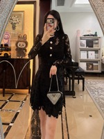 Robe Courte Noire Sexy en Dentelle Évidée avec Boutons Floraux, Manches Longues, Col Rabattu, Amincissante, pour Femme, Tenue Quotidienne Décontractée
