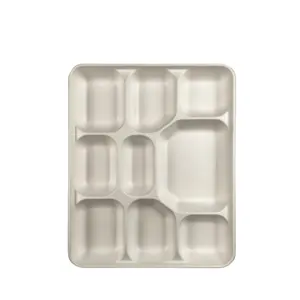 330*265mm 9 Compartment Tray Biodegradable Heavy Weight Sugarcane Pulp Tray Sturdy Rectangular Bagasse Plates