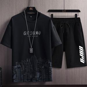 T-shirt da <span class=keywords><strong>uomo</strong></span> elegante a due pezzi con stampa sfumata in seta di ghiaccio ad asciugatura rapida <span class=keywords><strong>pantaloncini</strong></span> estivi Casual abbigliamento sportivo a maniche corte - Product Image 2