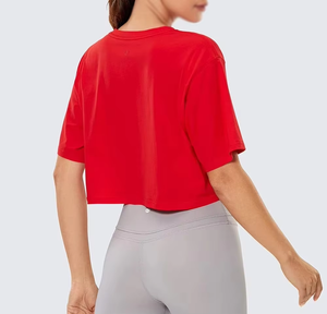 Women's <b>Red</b> <b>Crop</b> <b>Top</b> Short Sleeve O-Neck Loose Fit Solid Color Quick Dry Jersey T-Shirt Spring Summer Casual Wear - Product Image 6