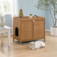 Handgewebtes Massives Rattan Klassisches Katzenhaus mit Kunststoffbasis, Faltbares Wohnzimmer-Haustierbett für Katzen und Hunde, Doppeltür-Design-Käfig für den Winter