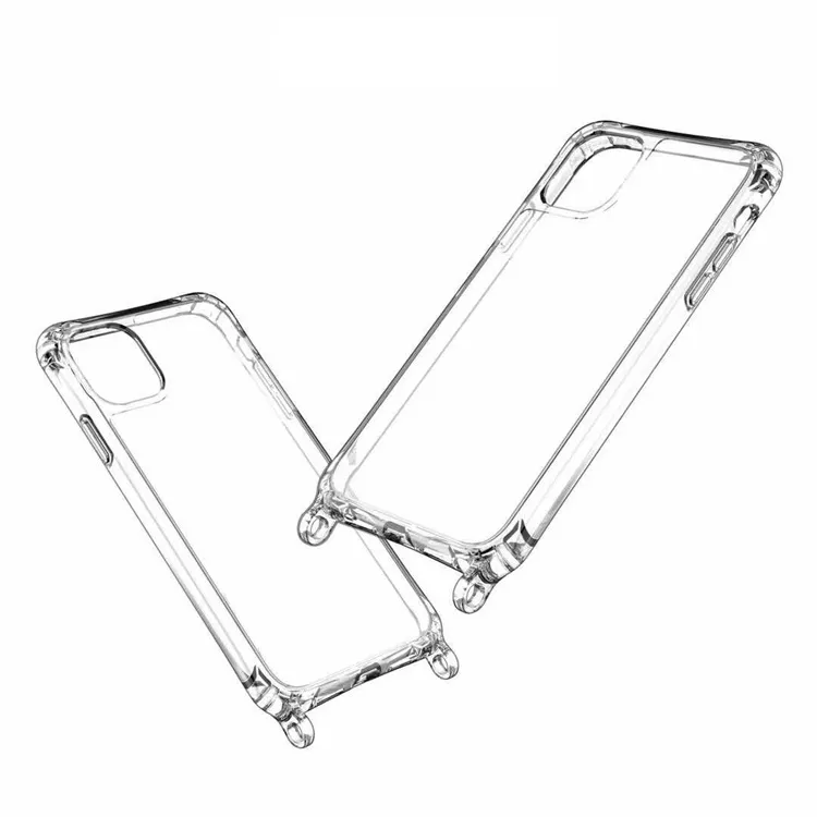 For iPhone High Quality Shockproof 4 Corners Protective Transparent TPU Acrylic Phone Case Cover with 2 Holes for Hanging Straps