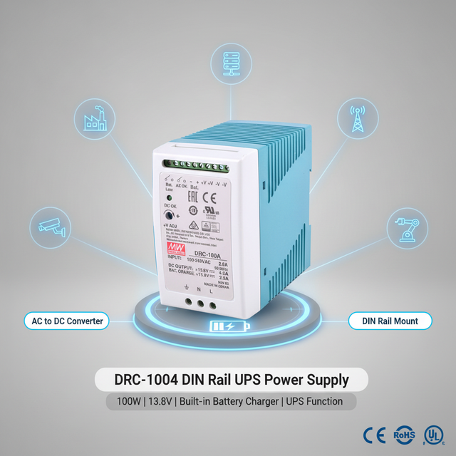100W 13.8V DIN Rail Power Supply Mean Well DRC-100A AC to DC Converter with Battery Backup UPS Function