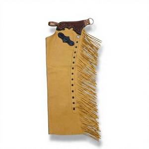Personnalisé ODM, en cuir suédé marron, avec applique florale embossée et travaillée à la main, franges tissées, style cowboy, coupe chauve-souris, taille mi-haute, longueur intégrale, unisexe - Product Image 1