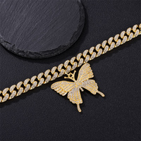 Hip Hop Icy Bling Bijoux Hommes De Luxe Plaqué Or Strass Diamant Papillon Pendentif Avec Prong Cubain Collier Chaîne