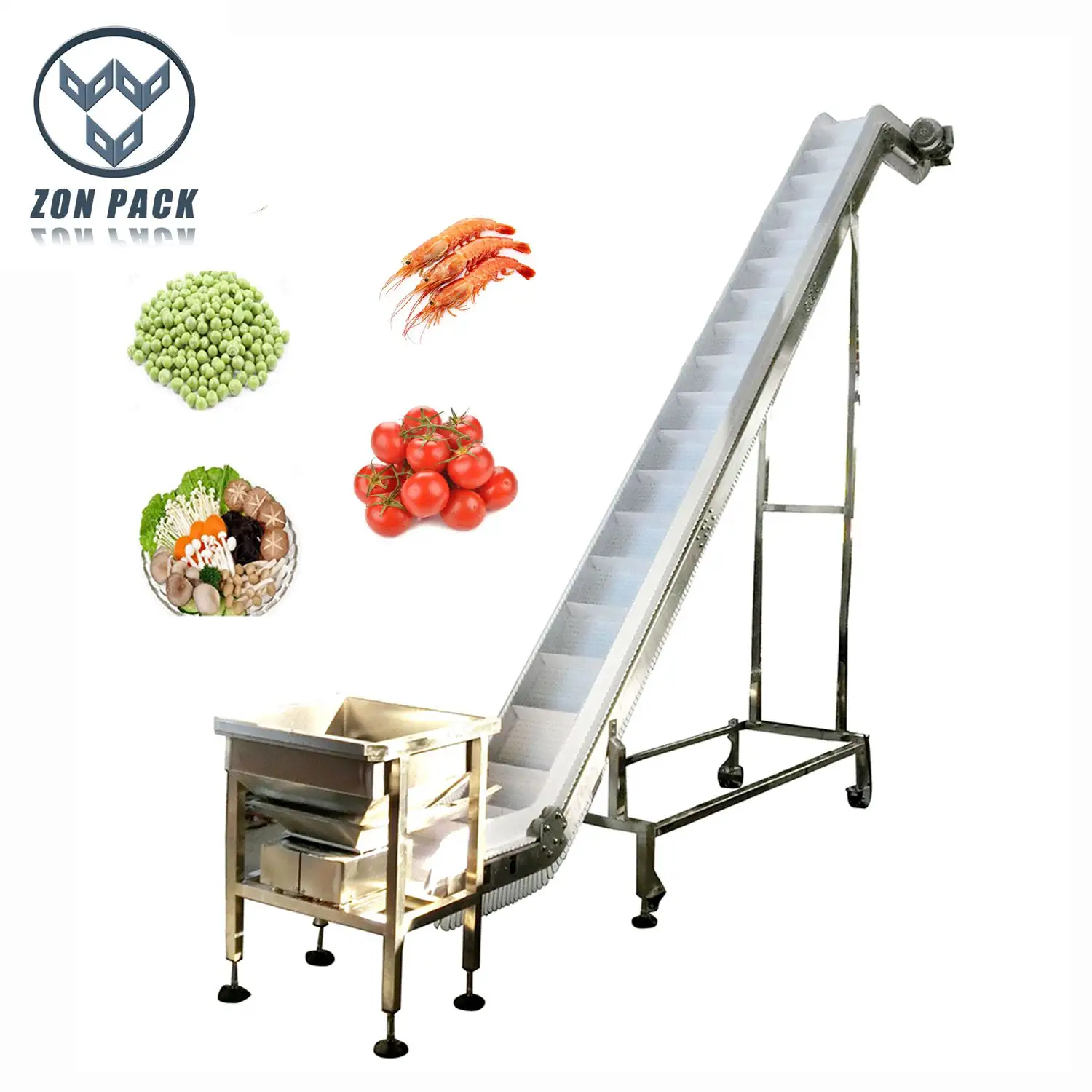 食品生産ライン用自動304ステンレス鋼食品グレードブルーベルト傾斜コンベアホッパー