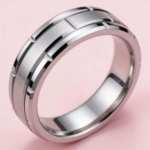 패션 8mm 벽돌 패턴 스테인리스 스틸 반지 남성용 블랙 브러시드 더블 그루브 남성 약혼 반지 웨딩 밴드 주얼리 - Product Image 4