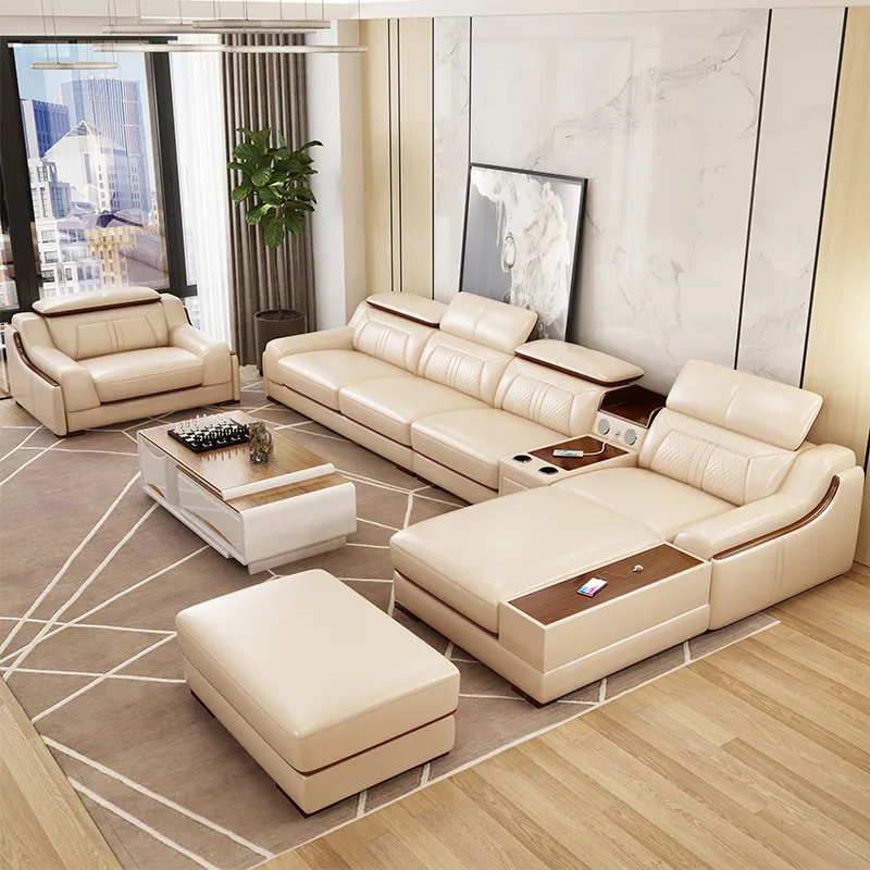 Set Sofa Kulit Modern Bentuk L, Bagian Sofa Ruang Tamu Berkualitas Baik, Perabotan Rumah untuk Ruang Duduk