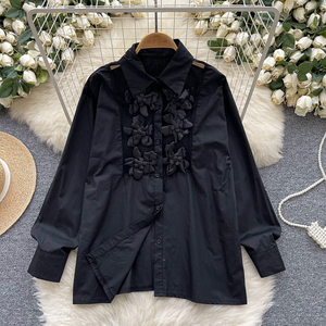 Chemise française pour femmes, fleurs industrielles lourdes, avec col, haut à simple boutonnage, chemisiers élégants pour femmes - Product Image 3