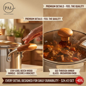 Set Panci Sup 4-Piece Baja Tahan Karat Ringan Modern dengan Tutup Kaca dan Pegangan Kayu Beech - Peralatan Masak Multifungsi untuk Dapur Rumah - Product Image 6