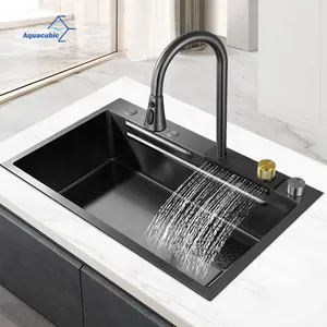 Tiktok 30 Inch Black Waterfall Sink Stainless Steel Handmade Kitchen Sink With Waterfall Faucet