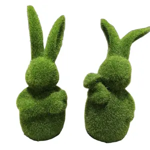 Artificial Moss Animal Turf Grass Furry Flocked Standing Ceramic Bunny Figurine with Mushroom gifts & crafts