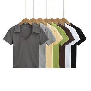 T-Shirt donna estate nuova moda manica corta con scollo a V Retro tinta unita Slim-Fit Casual Chic t-Shirt donna top Mujer - Product Image 1