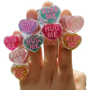 Anéis de dedo em acrílico, anéis de dedo em inglês, letras coloridas, glitter, amor, resina, coração, romântico, grande, para amantes, rosa, 1 par