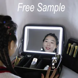 Espejo Led Touch Smart Waterproof Rechargeable Leather Travel Cosmetic Make Up Makeup Bag Case With Led Light Up Mirror Lighted