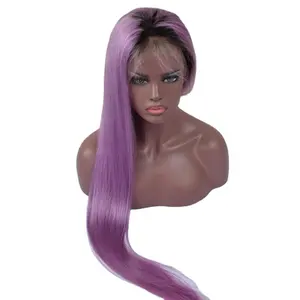 Wig warna ungu kualitas tinggi 150% 180% 250% ketebalan ungu lurus berwarna rambut manusia renda wig depan