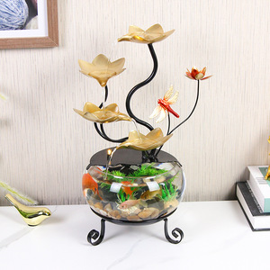 Pecera de cristal minimalista con forma redonda y fuente de agua con diseño de loto para decoración de escritorio en la sala de estar. - Product Image 1