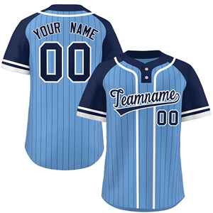 Camiseta de Softbol Personalizada con Rayas Azul Claro, Azul Marino y Blanco, Mangas Raglán, Dos Botones, Auténtica y a la Moda - Product Image 1