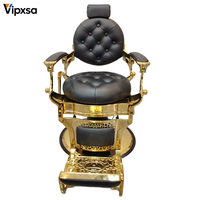 Mobilier de salon de coiffure de style rétro avec un fauteuil de barbier de luxe pour hommes, inclinable et réglable hydrauliquement, avec cadre en cuir doré