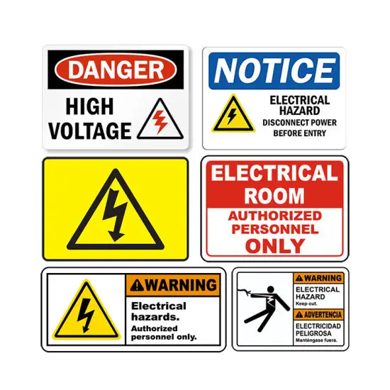 Señales de seguridad eléctricas y símbolos, señales de metal de alta tensión