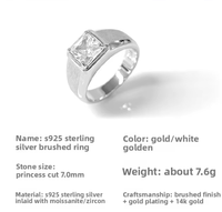 Bague en argent sterling pour homme, moissanite brossée sertie à griffes, forme géométrique, style vintage, luxe léger, article de mode populaire