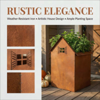 Pot Bunga Logam Bentuk Rumah Bergaya Rustic, Tahan Cuaca, Bahan Baja Corten, Model Kotak Taman Luar Ruangan untuk Jendela, Patio, dan Halaman