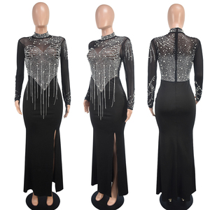 Chiffon Diamond-Encrusted Chain Evening Gown, Formal Long-Sleeve Asymmetrical <b>Split</b> <b>Dress</b> for Women - Product Image 1